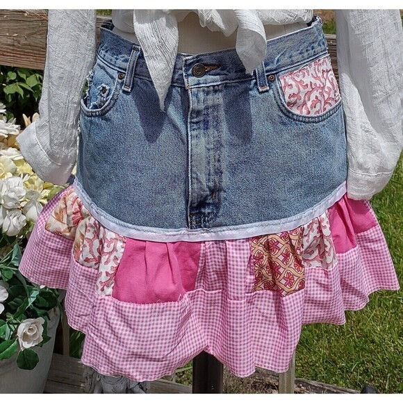 Upcycle DenimJean Skirt Boho Ruffle patched Barbie Pink festival hippie Cottage - Picture 1 of 10
